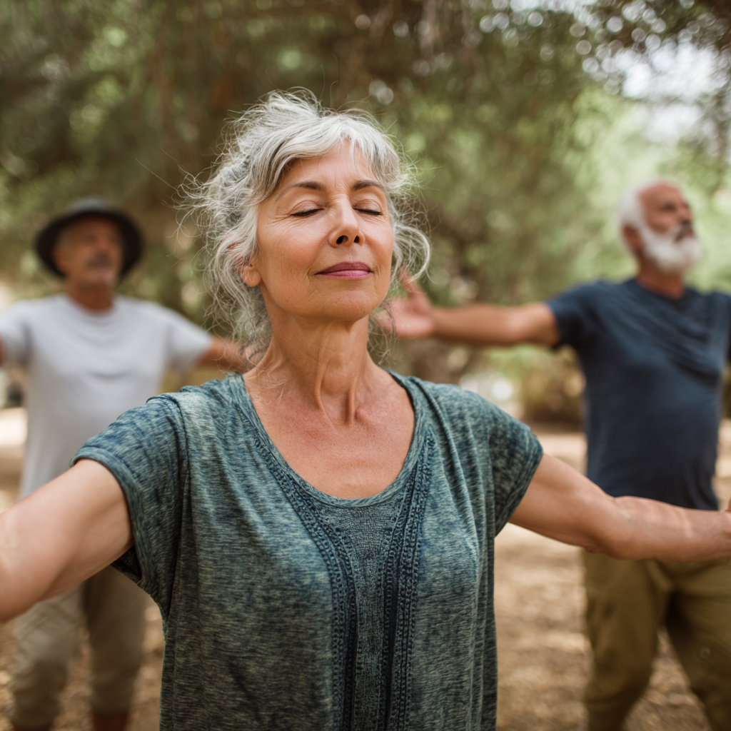 Middle-aged adults practicing gentle movement exercises in natural environment