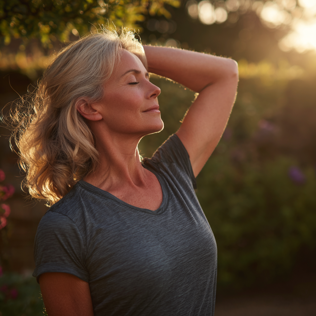 Middle-aged person practicing gentle stretching in peaceful setting