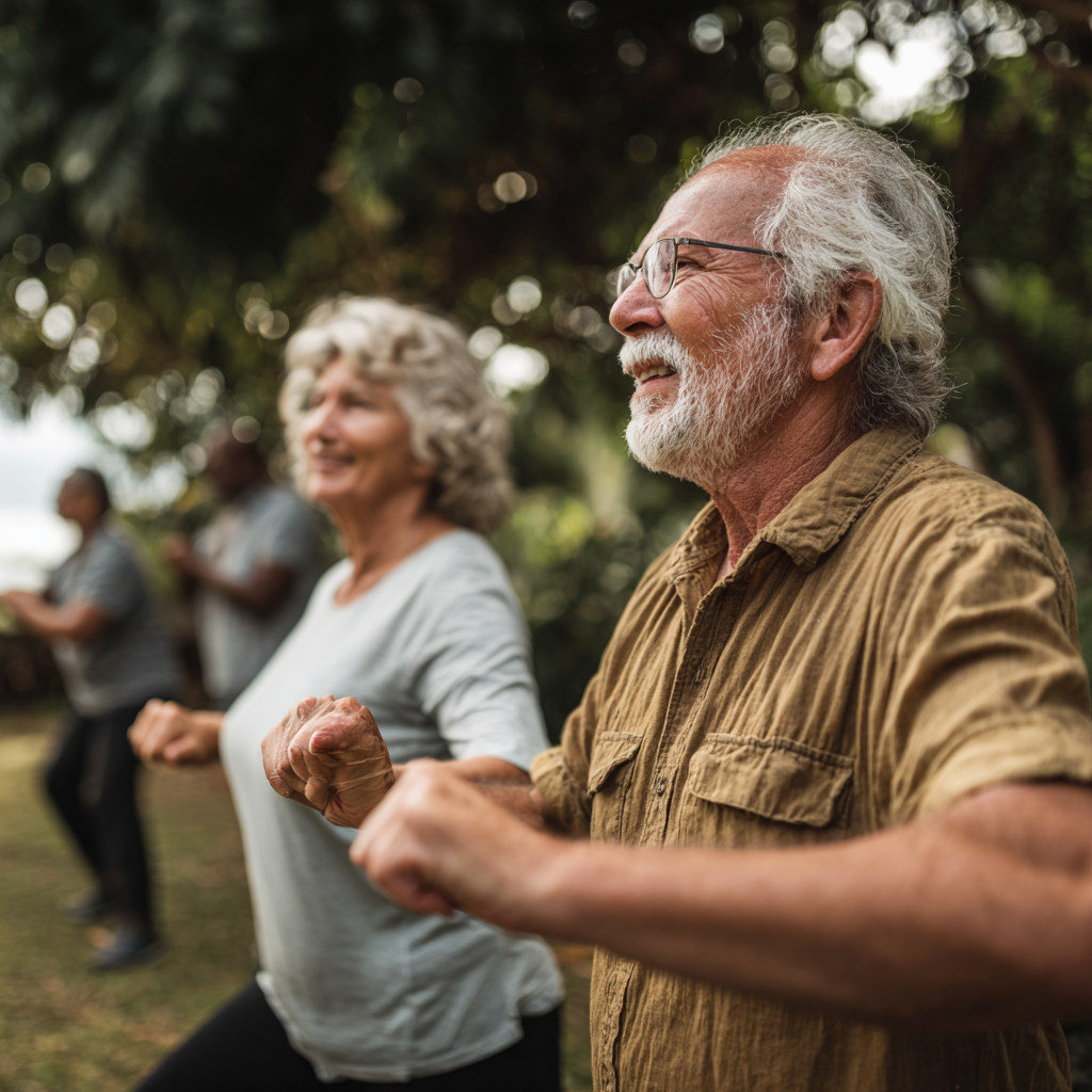Older adults engaging in mindful movement practice outdoors